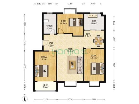 玉兰茗阁 3室2厅1卫 111平方