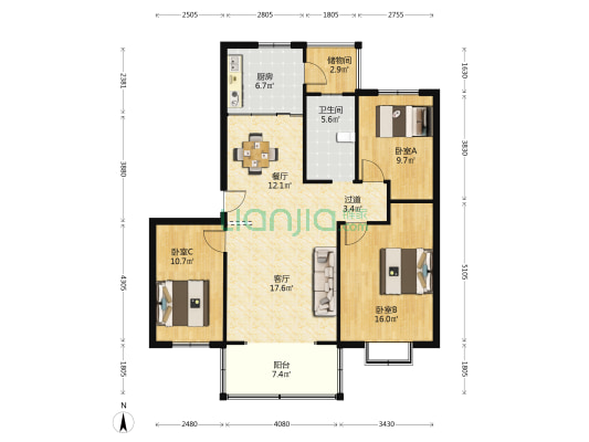 宝城名苑 3室2厅1卫 110平方