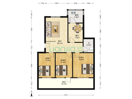泰安市公路局一处三友宿舍 3室2厅1卫 109平方