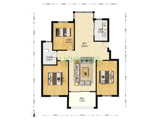 君盛桃源 3室1厅1卫 109平方