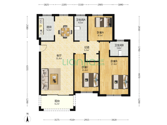 荷花嘉苑三期 3室1厅2卫 128平方