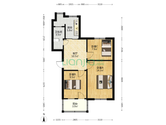 市法院宿舍 3室1厅1卫 70平方