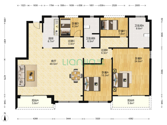 北辰国颂府 4室1厅2卫 164平方
