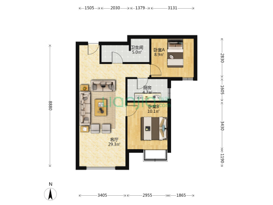 业主诚心出售，看房方便，带装修，中间楼层无遮挡-户型图