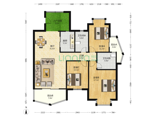 海航国兴城A区 3室1厅2卫 134平方
