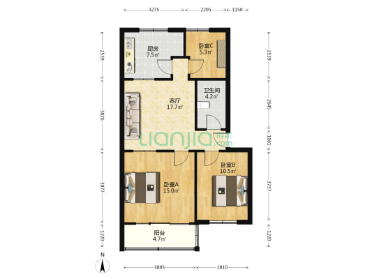 科技市场小区 3室1厅1卫 83平方