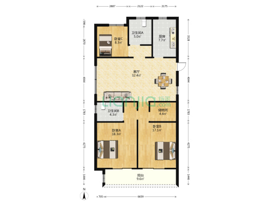 丹景苑 3室1厅2卫 132平方