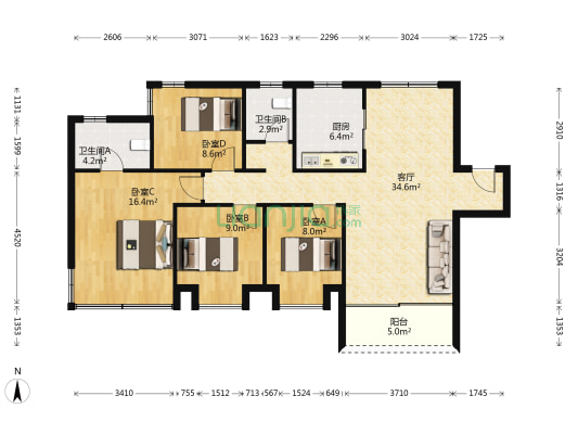 中建国熙台一期 4室1厅2卫 127平方