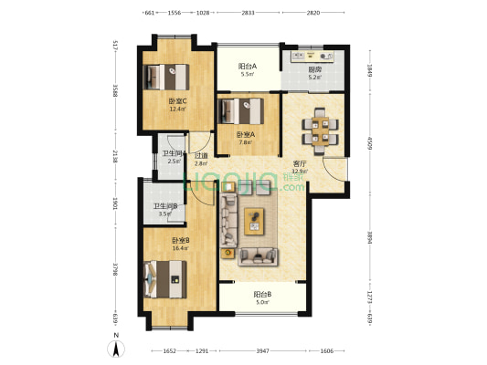 美域中央 3室1厅2卫 124平方