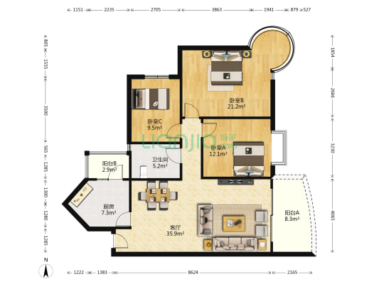 中天花园阳光玉兰园 3室1厅1卫 127平方