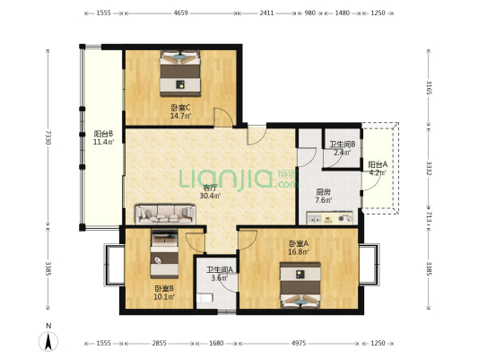昭青怡园C区 3室1厅2卫 111平方