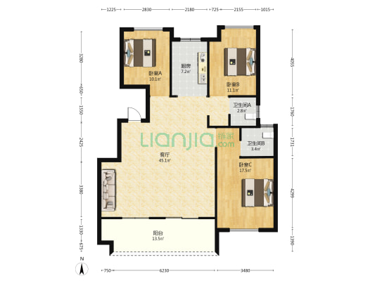 安建岳湖台 3室1厅2卫 126平方