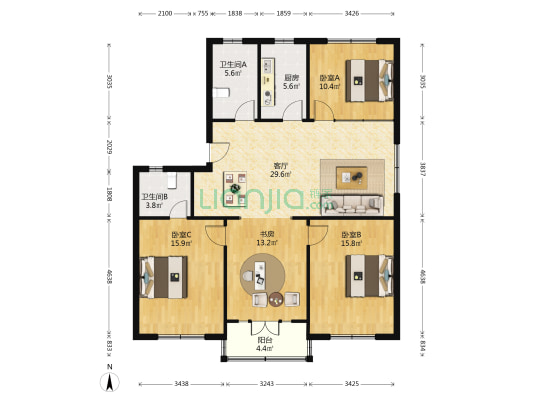 盆山阁 4室1厅2卫 126平方