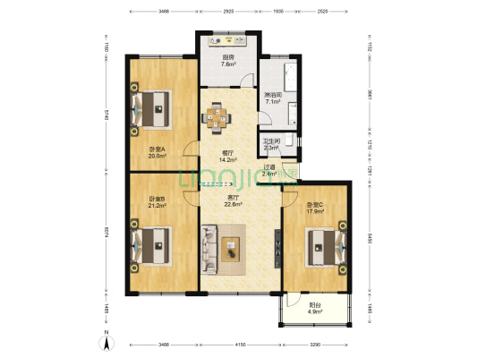 向阳街001号 3室2厅2卫 139平方
