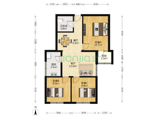 六铺炕一区 3室2厅1卫 91平方