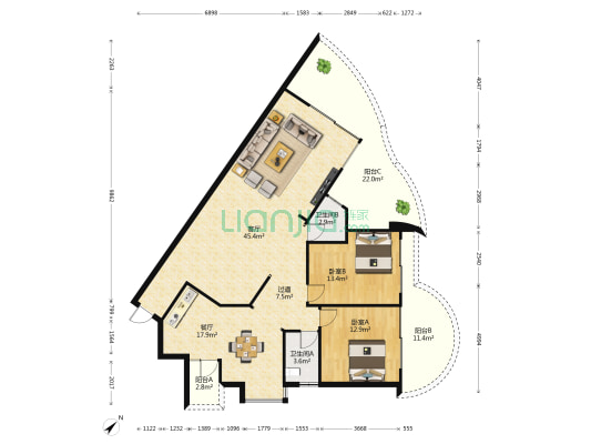 瀛寰名仕苑 2室2厅2卫 156平方