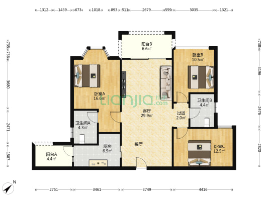 锦城悦庭 3室1厅2卫 119平方