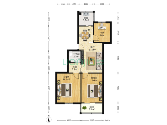 奎园皓月园 3室1厅1卫 83平方