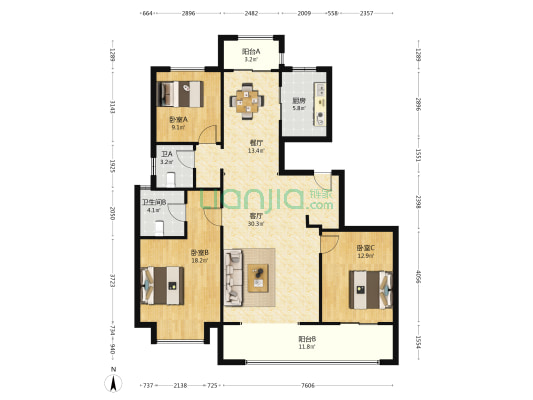 大观院 3室2厅2卫 147平方