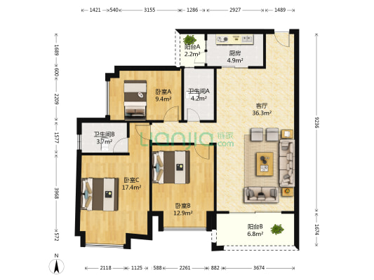 奥园三期二区 3室1厅2卫 118平方
