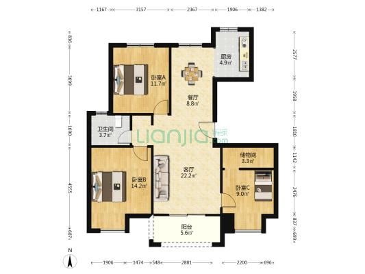 鸿祥盛府 3室2厅1卫 107平方