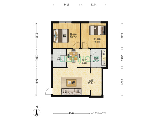 严家地省人民医院宿舍 2室2厅1卫 58平方