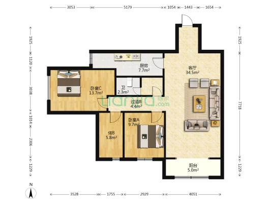 人和园 2室1厅1卫 128平方