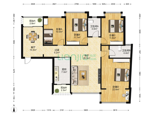 东盟世纪村 4室2厅2卫 133平方