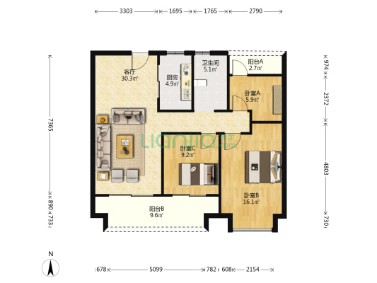 祥源城南之星一期沁园 3室1厅1卫 105平方