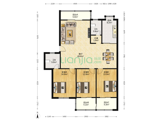 怡荷园 3室1厅2卫 136平方