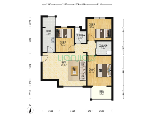 秀水家园 3室1厅2卫 99平方
