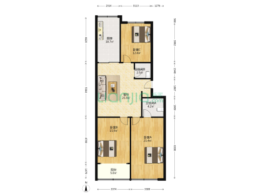 淘金花园 3室1厅2卫 122平方