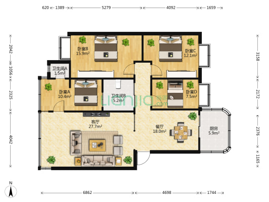 凤翥街271号 4室2厅2卫 117平方