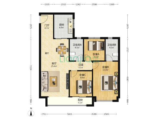 云境澜湾 3室1厅2卫 119平方