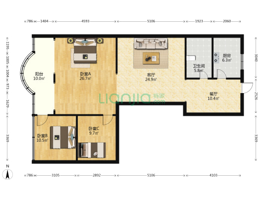 艺校宿舍 3室2厅1卫 131平方