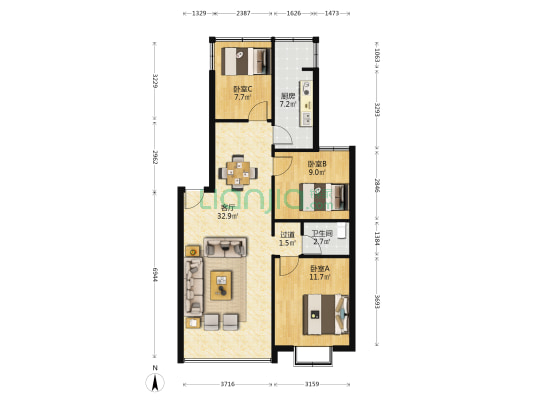 惠民街87号 3室1厅1卫 87平方