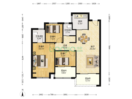 燕熙台B区 3室1厅2卫 105平方