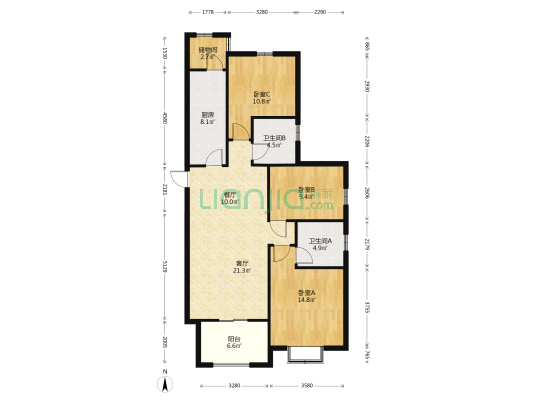 恒大名都 3室2厅2卫 127平方