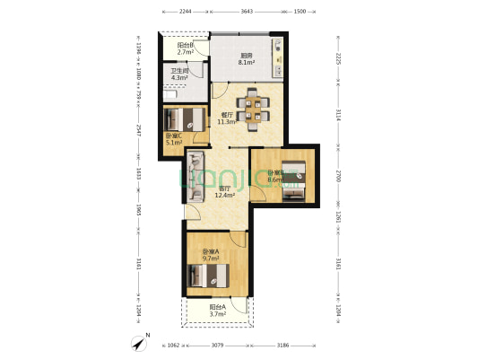 妇幼保健院家属小区 3室2厅1卫 83平方