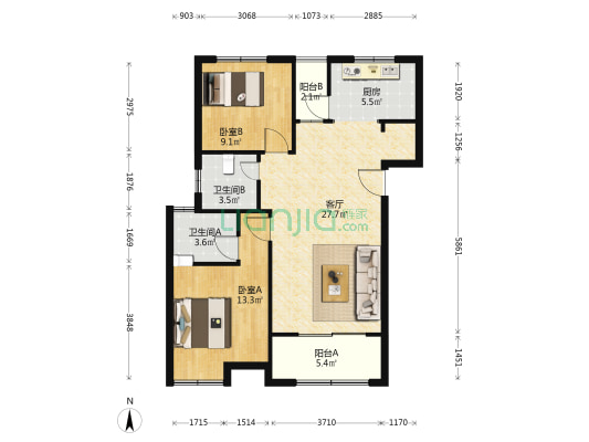 金昊丽苑 2室1厅2卫 107平方