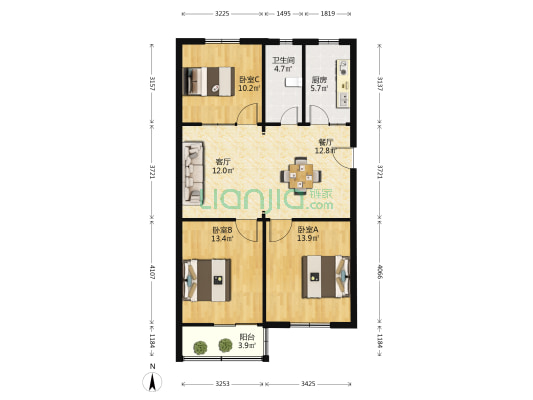 张洼路郊建公司 3室2厅1卫 91平方