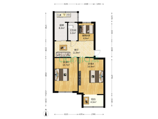 煤炭施工处宿舍 2室1厅1卫 74平方