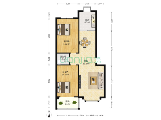 石钢宿舍 2室1厅1卫 100平方