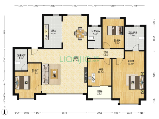 建发五缘橖月 4室1厅3卫 186平方