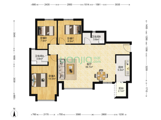 南湖世家 3室1厅2卫 87平方