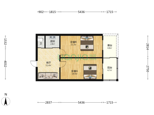 西安路48号 2室1厅1卫 66平方