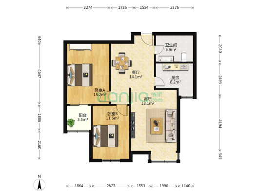 亲亲小镇北区 2室2厅1卫 94平方