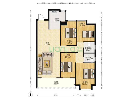 欧亚达云台 4室1厅2卫 137平方