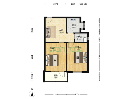 印刷厂社区 2室1厅1卫 60平方