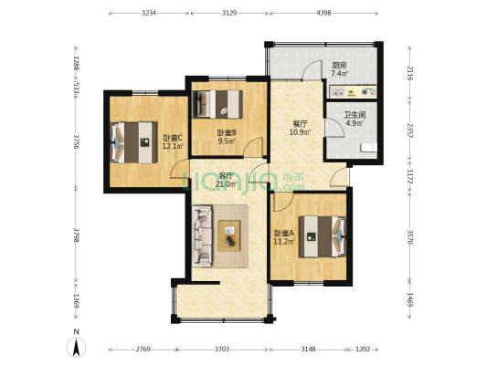 上纯阳洞 3室2厅1卫 89平方